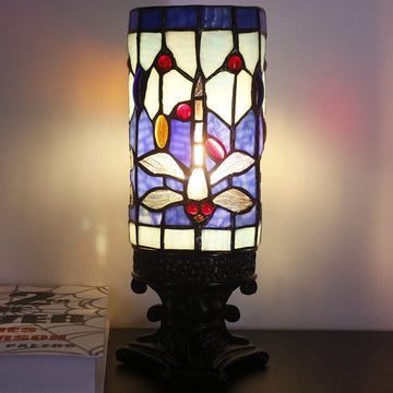 WERFACTORY Small Tiffany Lamp Mini Stained Glass Table Lamp Wide 4 Tall 10 Inch Blue Dragonfly Style Desk Night Light